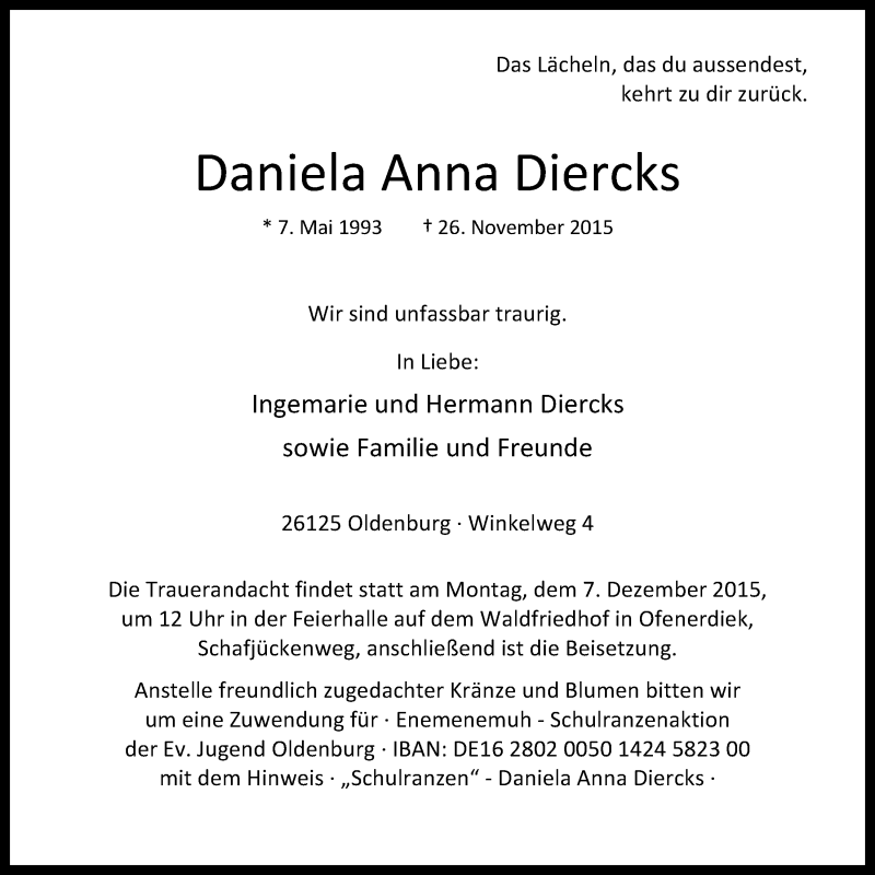  Traueranzeige für Daniela Anna Diercks vom 03.12.2015 aus Nordwest-Zeitung