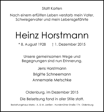 Traueranzeige von Heinz Horstmann von Nordwest-Zeitung