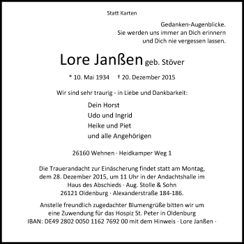 Traueranzeige von Lore Janßen von Nordwest-Zeitung