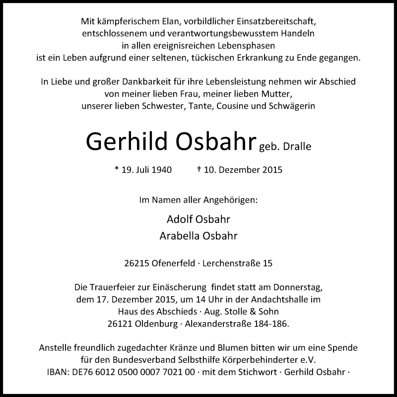  Traueranzeige für Gerhild Osbahr vom 14.12.2015 aus Nordwest-Zeitung