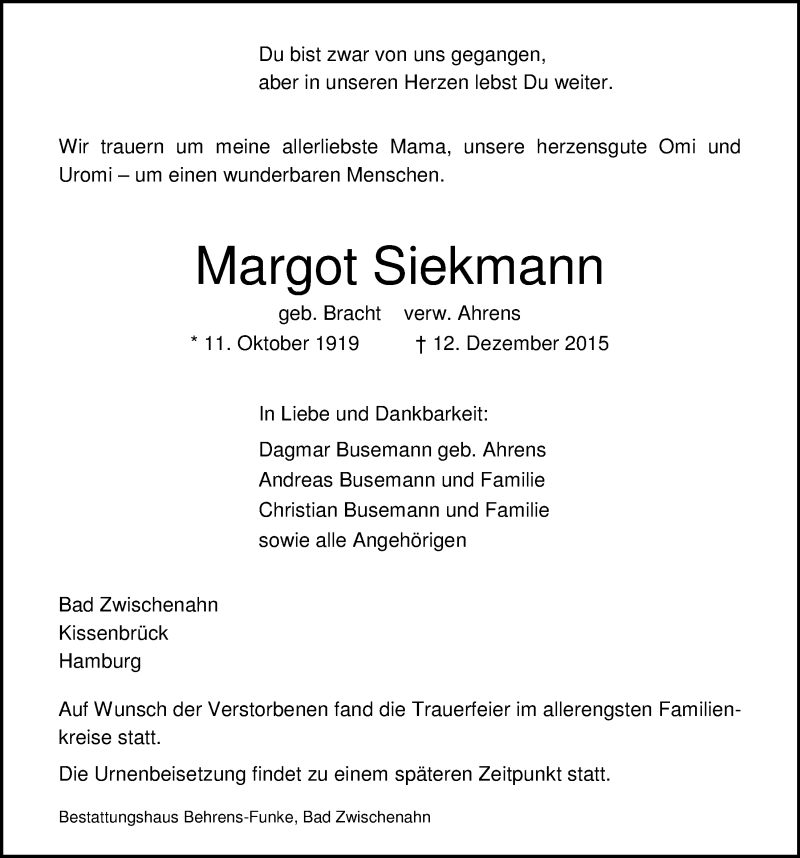  Traueranzeige für Margot Siekmann vom 22.12.2015 aus Nordwest-Zeitung