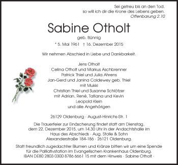 Traueranzeige von Sabine Otholt von Nordwest-Zeitung