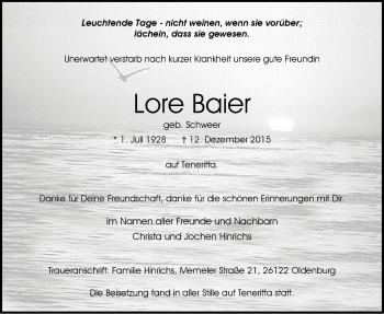 Traueranzeige von Lore Baier von Nordwest-Zeitung