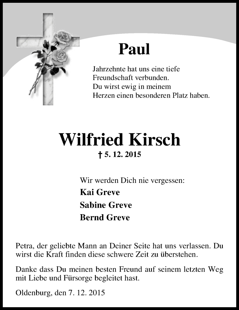  Traueranzeige für Wilfried Kirsch vom 08.12.2015 aus Nordwest-Zeitung