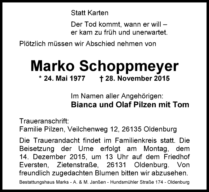  Traueranzeige für Marko Schoppmeyer vom 05.12.2015 aus Nordwest-Zeitung