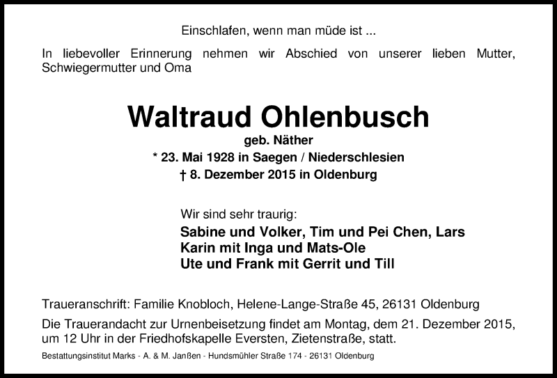  Traueranzeige für Waltraud Ohlenbusch vom 15.12.2015 aus Nordwest-Zeitung
