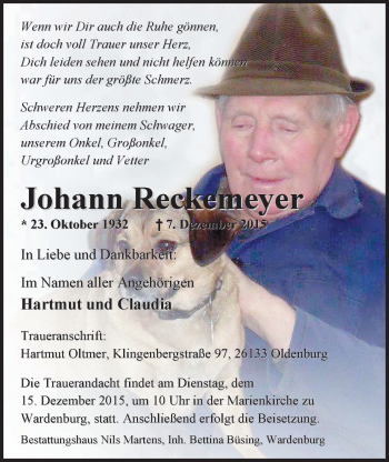 Traueranzeige von Johann Reckemeyer von Nordwest-Zeitung