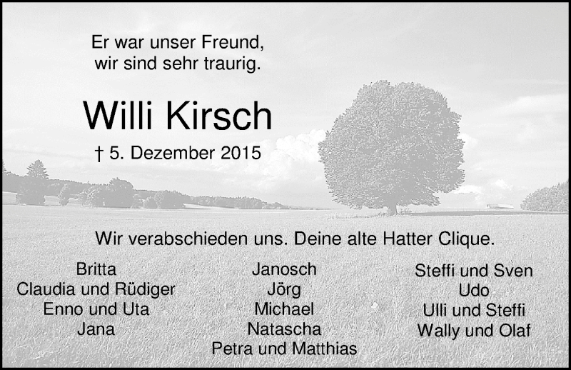  Traueranzeige für Wilfried Kirsch vom 12.12.2015 aus Nordwest-Zeitung