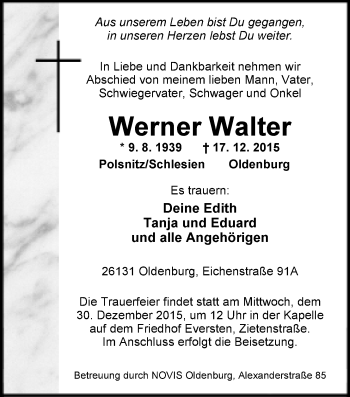 Traueranzeige von Werner Walter von Nordwest-Zeitung
