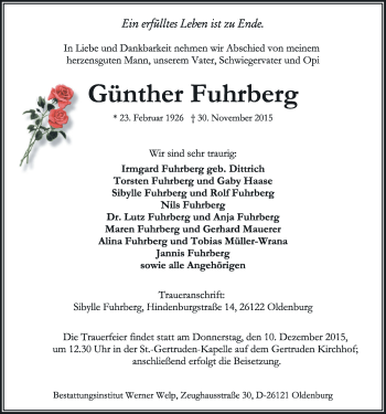 Traueranzeige von Günther Fuhrberg von Nordwest-Zeitung