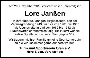 Traueranzeige von Lore Janßen von Nordwest-Zeitung