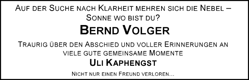  Traueranzeige für Bernd Volger vom 17.12.2015 aus Nordwest-Zeitung