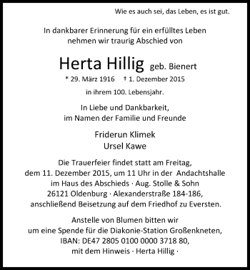 Traueranzeige von Herta Hillig von Nordwest-Zeitung