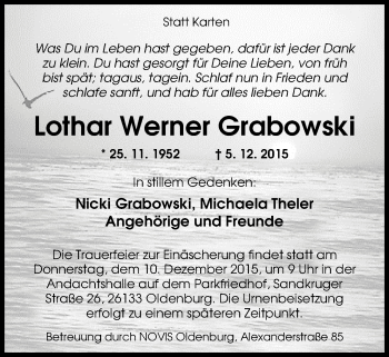 Traueranzeige von Lothar Werner Grabowski von Nordwest-Zeitung