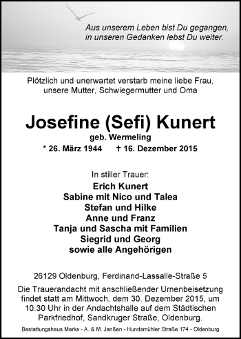 Traueranzeige von Josefine Kunert von Nordwest-Zeitung