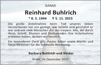 Traueranzeige von Reinhard Buhlrich von Nordwest-Zeitung