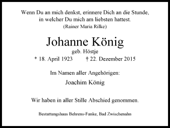 Traueranzeige von Johanne König von Nordwest-Zeitung