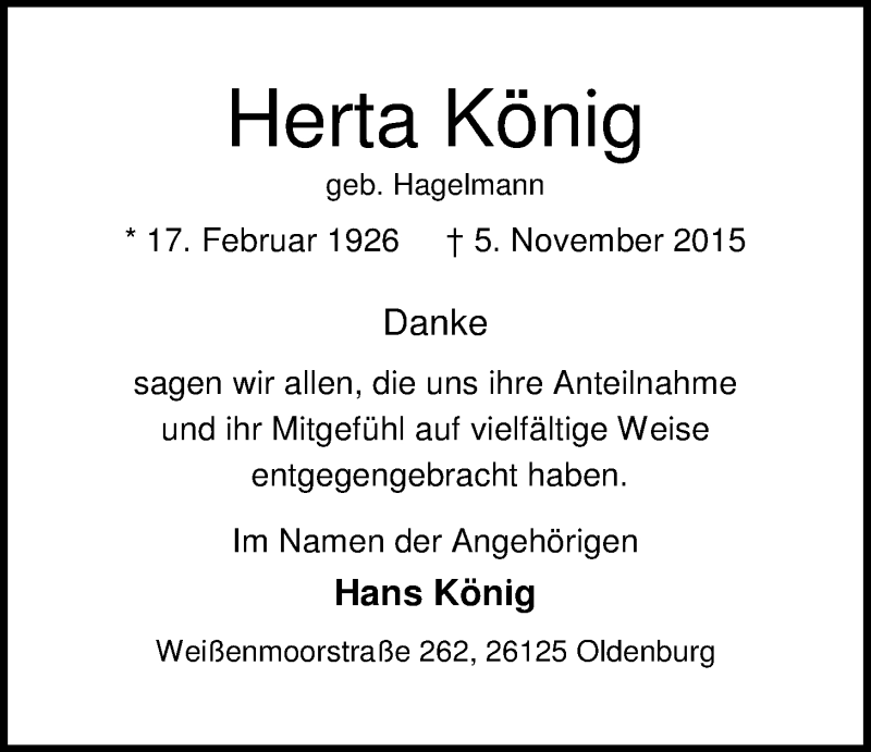  Traueranzeige für Herta König vom 11.12.2015 aus Nordwest-Zeitung