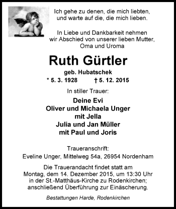 Traueranzeige von Ruth Gürtler von Nordwest-Zeitung