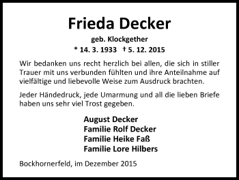 Traueranzeige von Frieda Decker von Nordwest-Zeitung