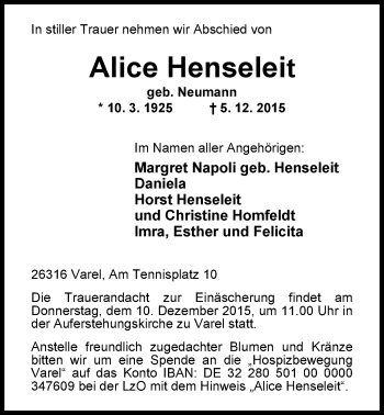 Traueranzeige von Alice Henseleit von Nordwest-Zeitung