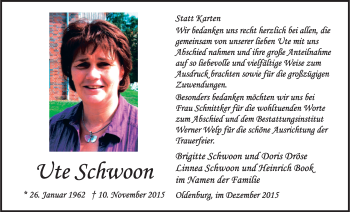 Traueranzeige von Ute Schwoon von Nordwest-Zeitung