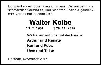 Traueranzeige von Walter Kolbe von Nordwest-Zeitung