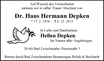 Traueranzeige von Hans Hermann Depken von Nordwest-Zeitung