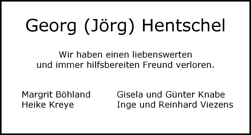  Traueranzeige für Georg Hentschel vom 10.12.2015 aus Nordwest-Zeitung