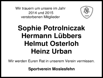 Traueranzeige von Sophie Potrolniczak von Nordwest-Zeitung