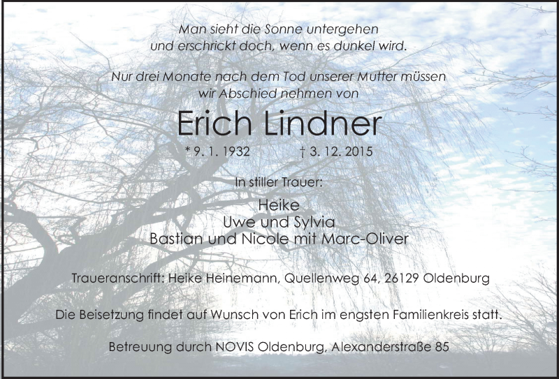 Traueranzeige für Erich Lindner vom 19.12.2015 aus Nordwest-Zeitung