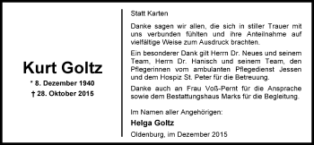 Traueranzeige von Kurt Goltz von Nordwest-Zeitung