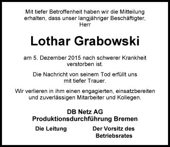 Traueranzeige von Lothar Werner Grabowski von Nordwest-Zeitung