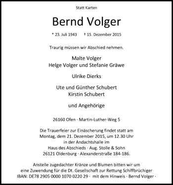 Traueranzeige von Bernd Volger von Nordwest-Zeitung