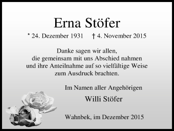Traueranzeige von Erna Stöfer von Nordwest-Zeitung