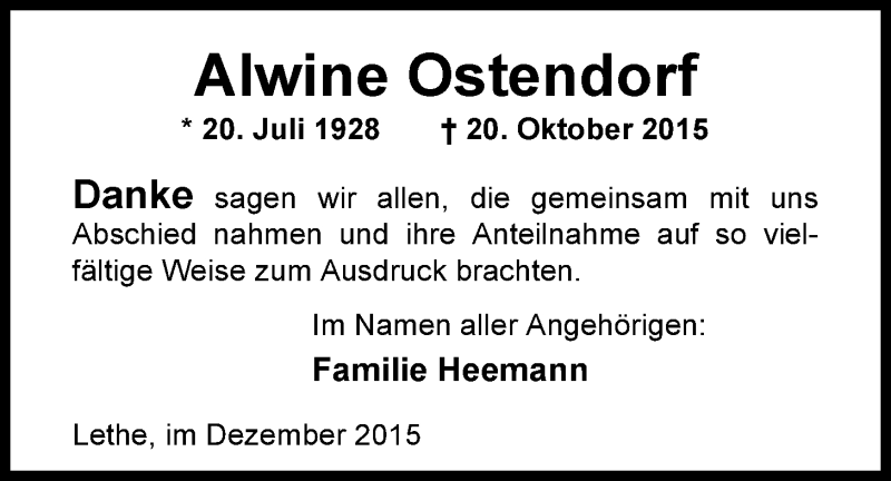  Traueranzeige für Alwine Ostendorf vom 12.12.2015 aus Nordwest-Zeitung