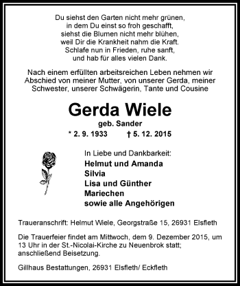 Traueranzeige von Gerda Wiele von Nordwest-Zeitung