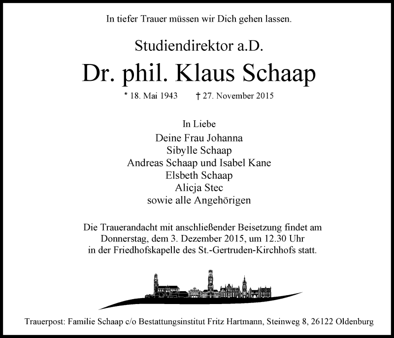  Traueranzeige für Klaus Schaap vom 01.12.2015 aus Nordwest-Zeitung