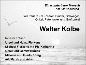 Traueranzeige von Walter Kolbe von Nordwest-Zeitung