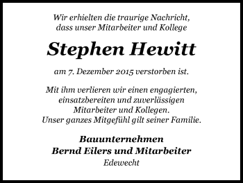 Traueranzeige von Stephen Hewitt von Nordwest-Zeitung