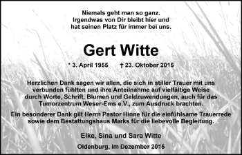 Traueranzeige von Gert Witte von Nordwest-Zeitung