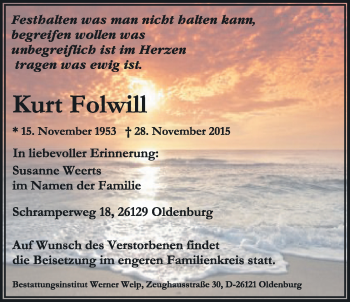 Traueranzeige von Kurt Folwill von Nordwest-Zeitung