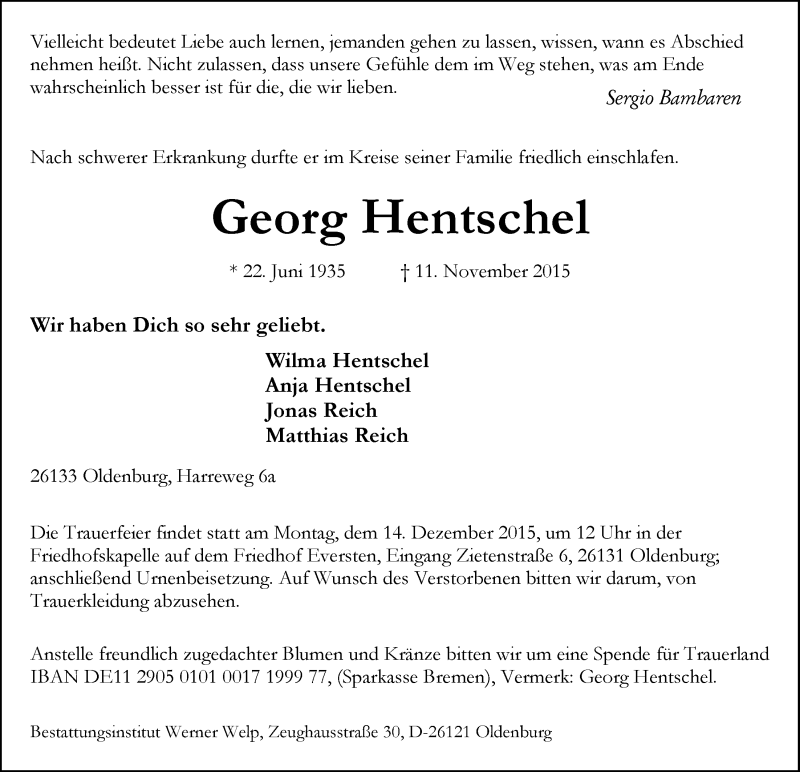  Traueranzeige für Georg Hentschel vom 10.12.2015 aus Nordwest-Zeitung