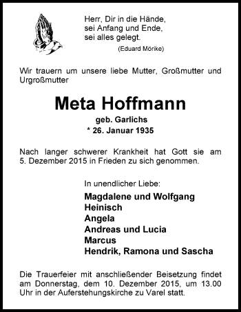 Traueranzeige von Meta Hoffmann von Nordwest-Zeitung