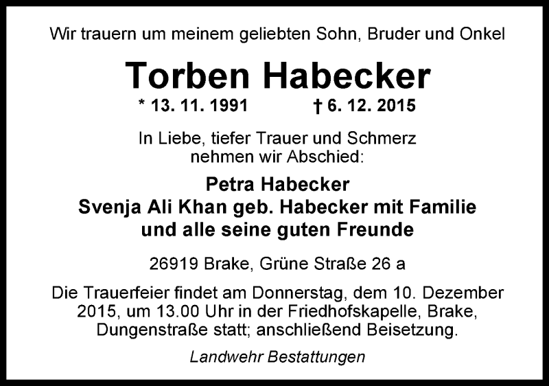  Traueranzeige für Torben Habecker vom 09.12.2015 aus Nordwest-Zeitung