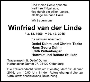 Traueranzeige von Winfried van der Linde von Nordwest-Zeitung