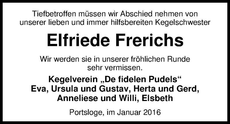  Traueranzeige für Elfriede Frerichs vom 20.01.2016 aus Nordwest-Zeitung