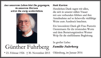 Traueranzeige von Günther Fuhrberg von Nordwest-Zeitung