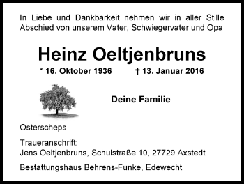 Traueranzeige von Heinz Oeltjenbruns von Nordwest-Zeitung