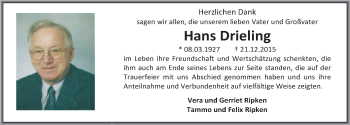 Traueranzeige von Hans Drieling von Nordwest-Zeitung